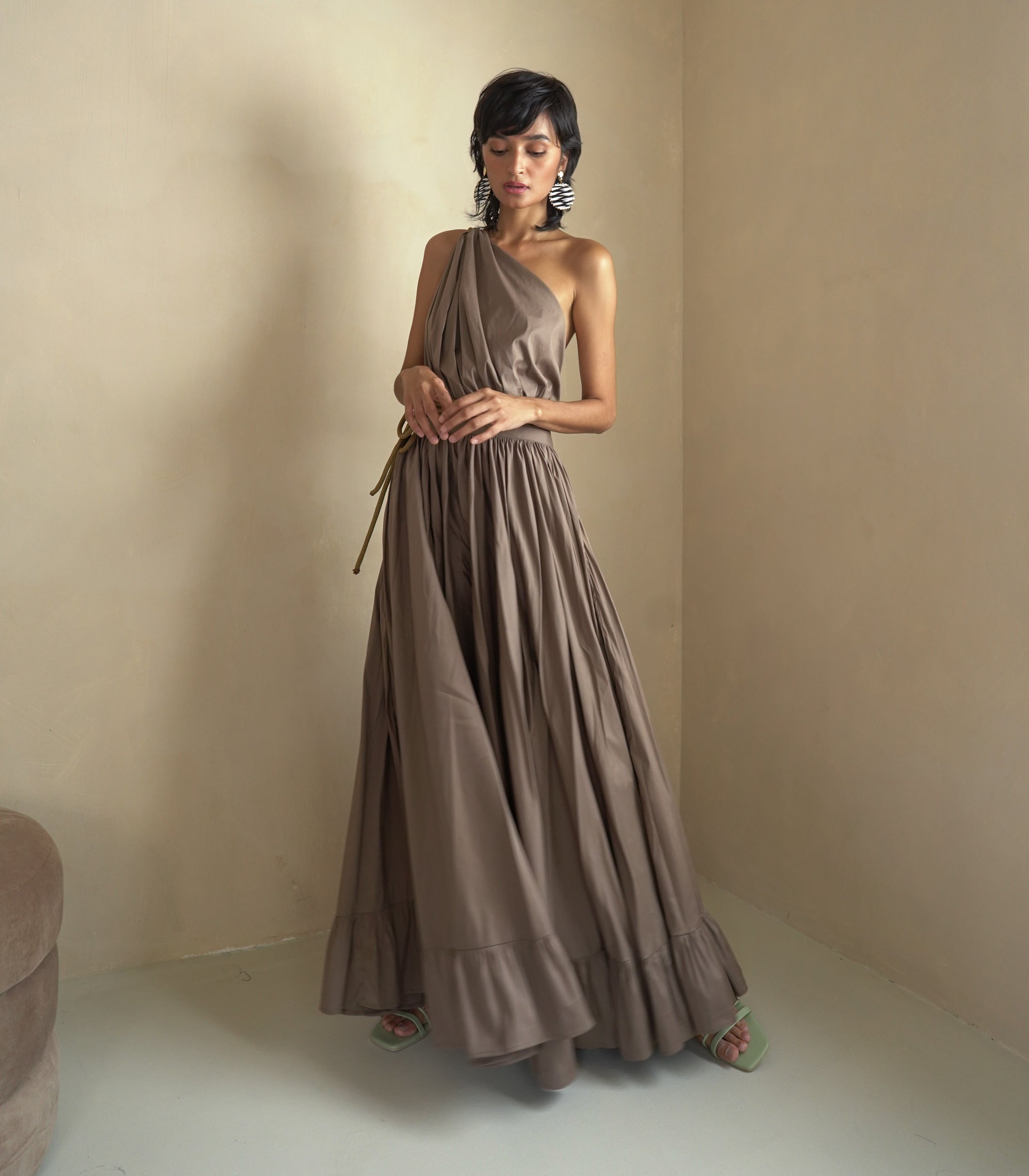 Frita Asymmetrical Maxi Dress (Mocha)